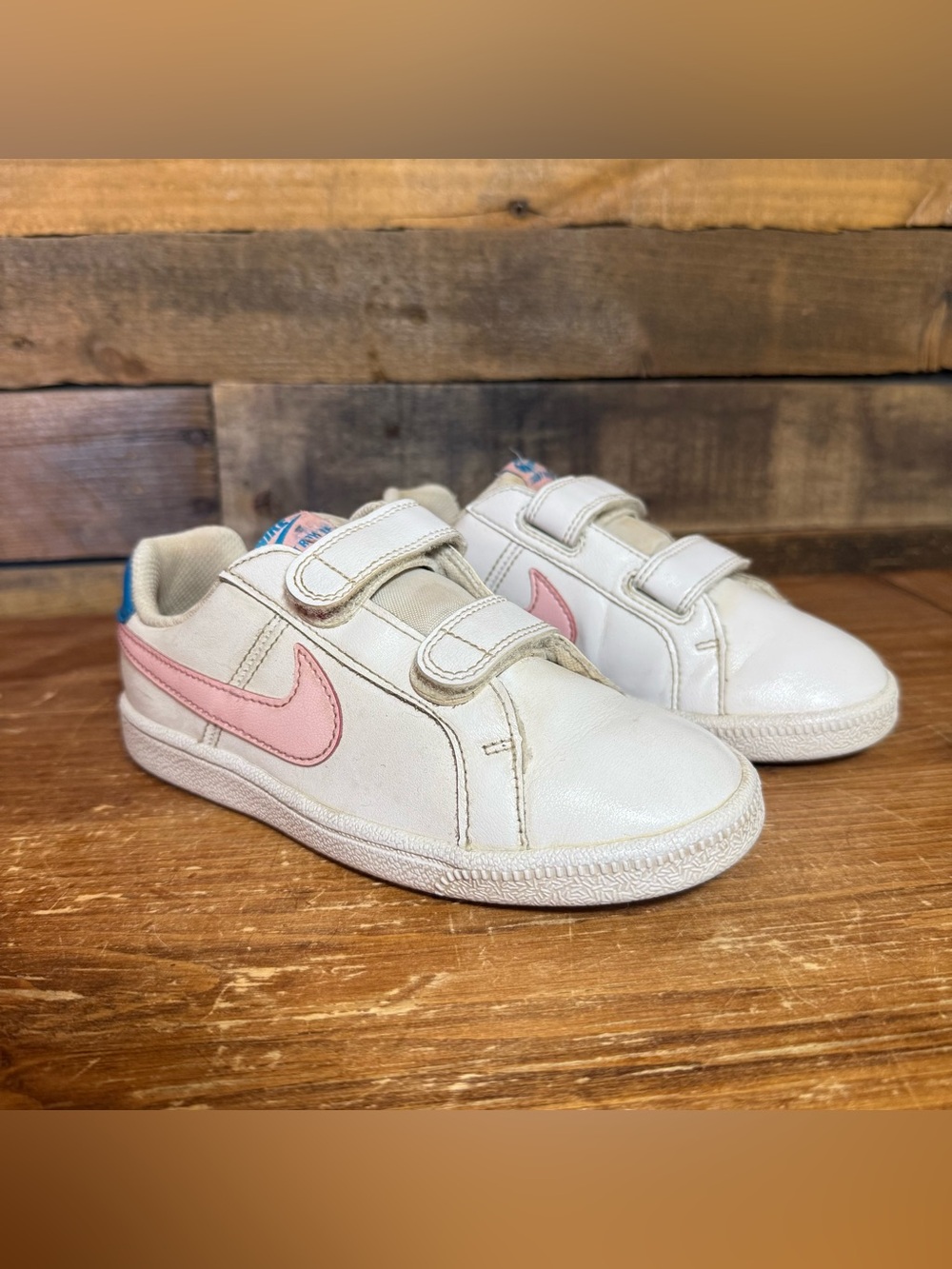 Nike Court Royale Girls Size 13C White Pink Blue Athletic Leather Shoes Sneakers